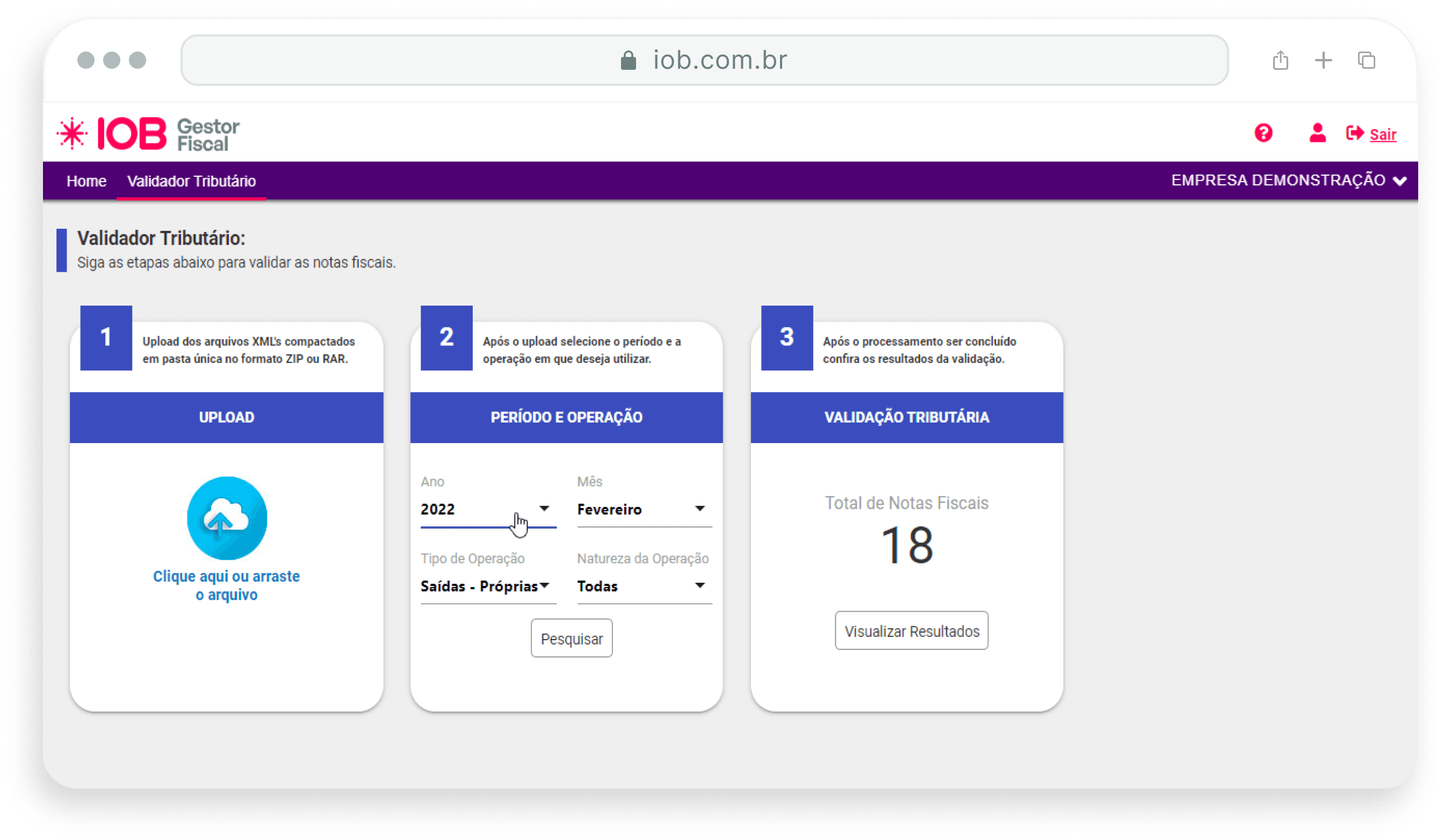Tela de definição de filtros no sistema Validador Tributário