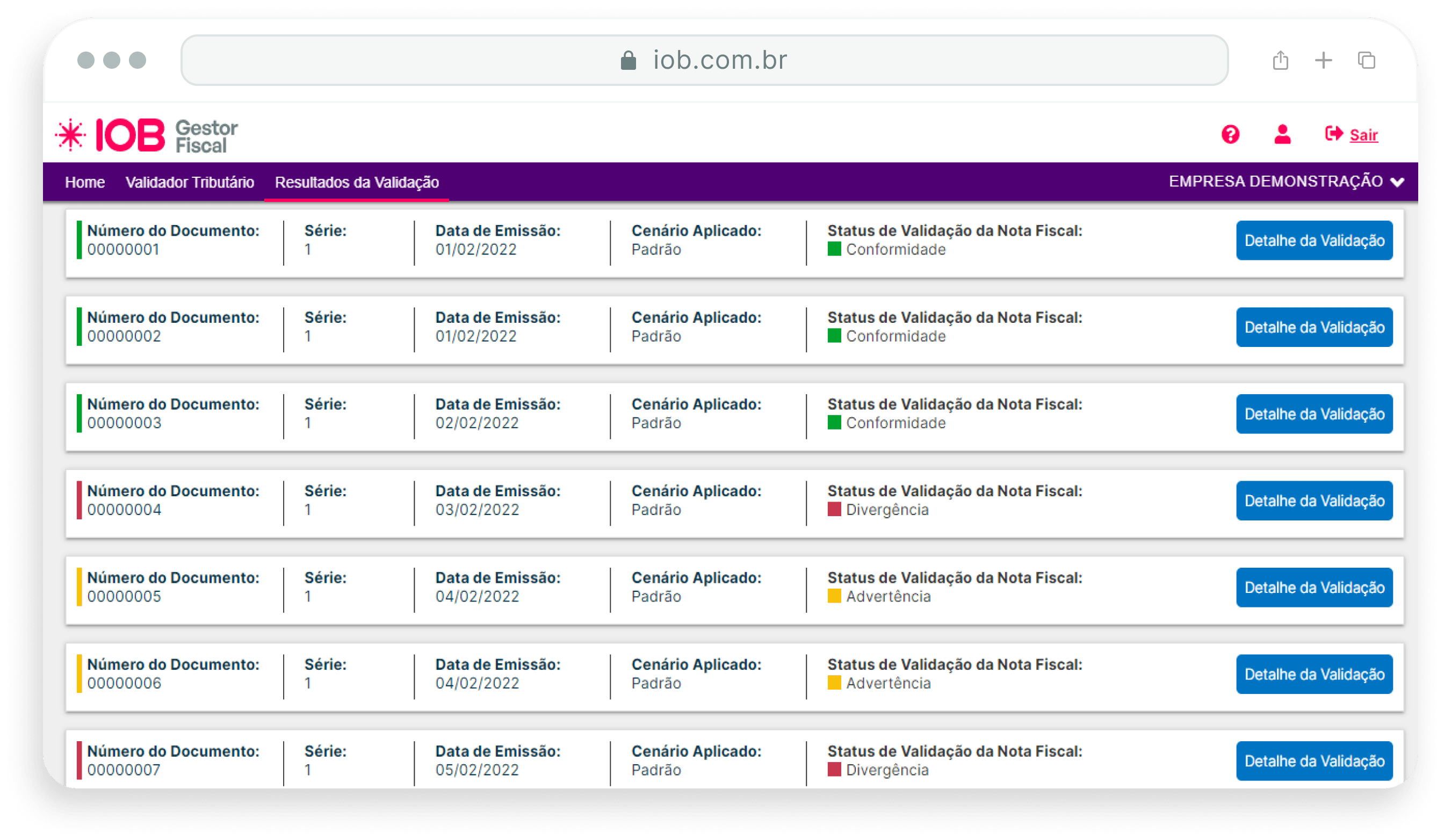 Tela de validação das notas fiscais no sistema Validador Tributário IOB. 