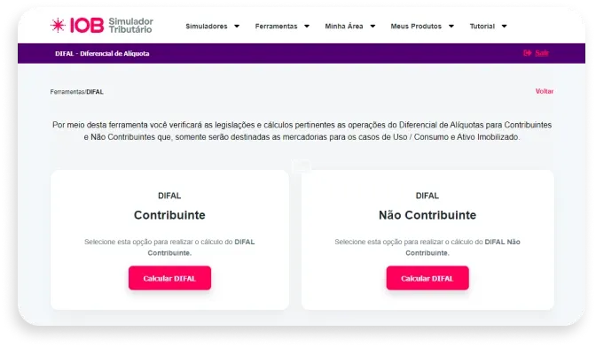 tela da ferramenta Difal Contribuinte e Não Contribuinte do sistema IOB Simulador Tributário.